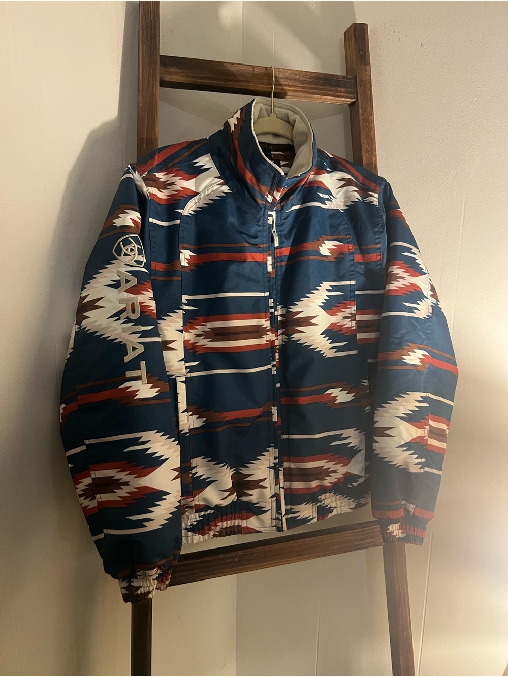 Ariat Men's Navy Aztec-Print Puffer Jacket with Rust & White Accents